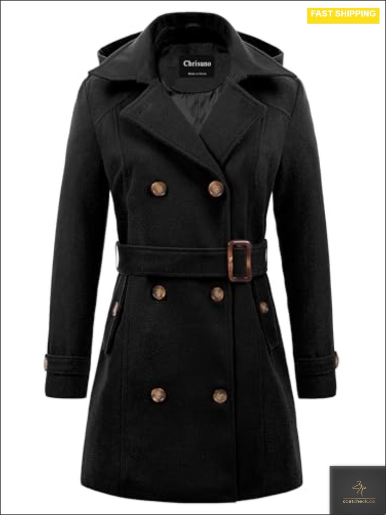 Double Breasted Pea Coat Hooded Long Winter Trench Coat With Belt
